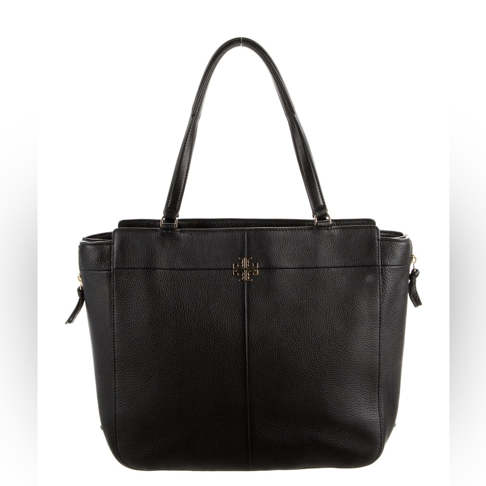 Tory Burch Leather Ivy Side Zip Tote with Gold Emblem Logo